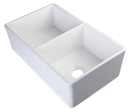 ALFI brand AB537 AB537-W White 32" Fluted Apron Double Bowl Fireclay Farmhouse Kitchen Sink