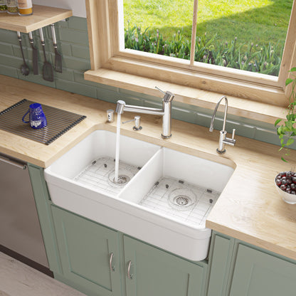 ALFI brand AB512 AB512-W White 32" Double Bowl Lip Apron Fireclay Farmhouse Kitchen Sink with 1 3/4" Lip