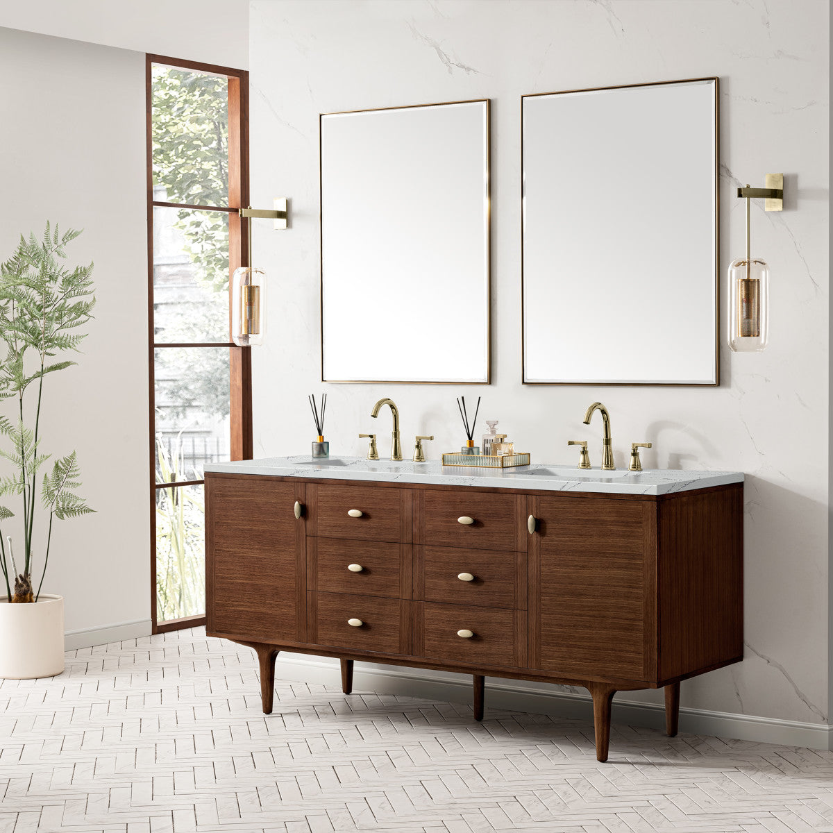 Amberly 72" Double Vanity Cabinet, Mid-Century Walnut