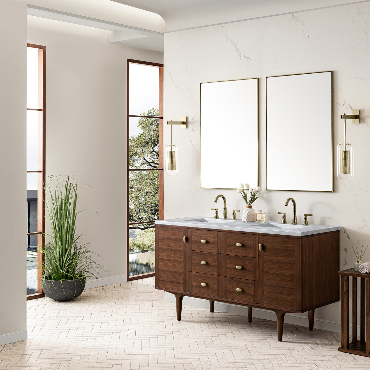 Amberly 60" Double Vanity Cabinet, Mid-Century Walnut