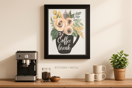 Coffee Break Floral Artwork in Cozy Kitchen Setting