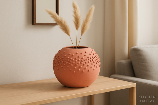 Coral Pink Textured Vase with Corrected Kitchen + Metal Branding