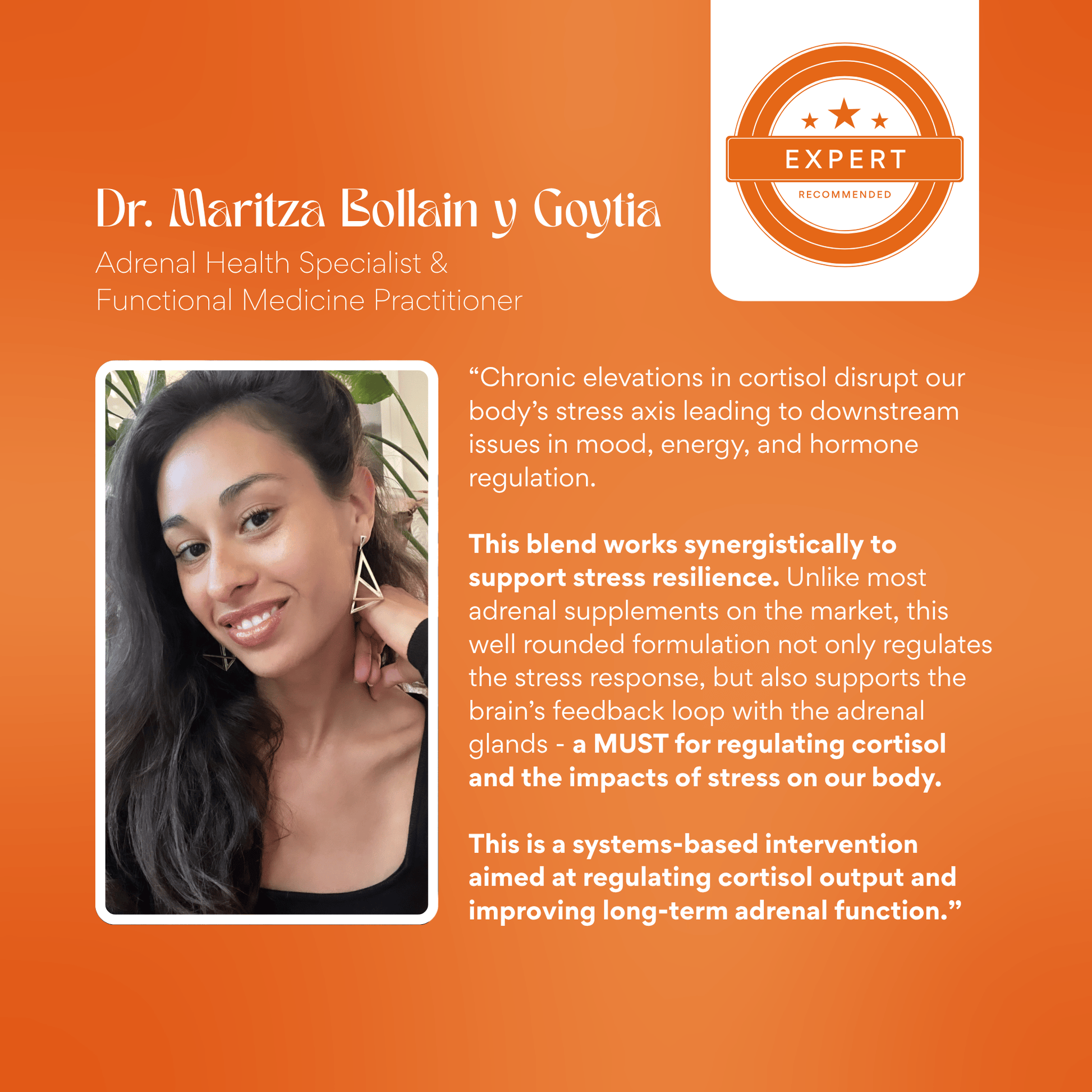 Advertisement for Dr. Maritza Bollain y Goytia, Adrenal Health Specialist & Functional Medicine Practitioner, with text about adrenal health on an orange background.