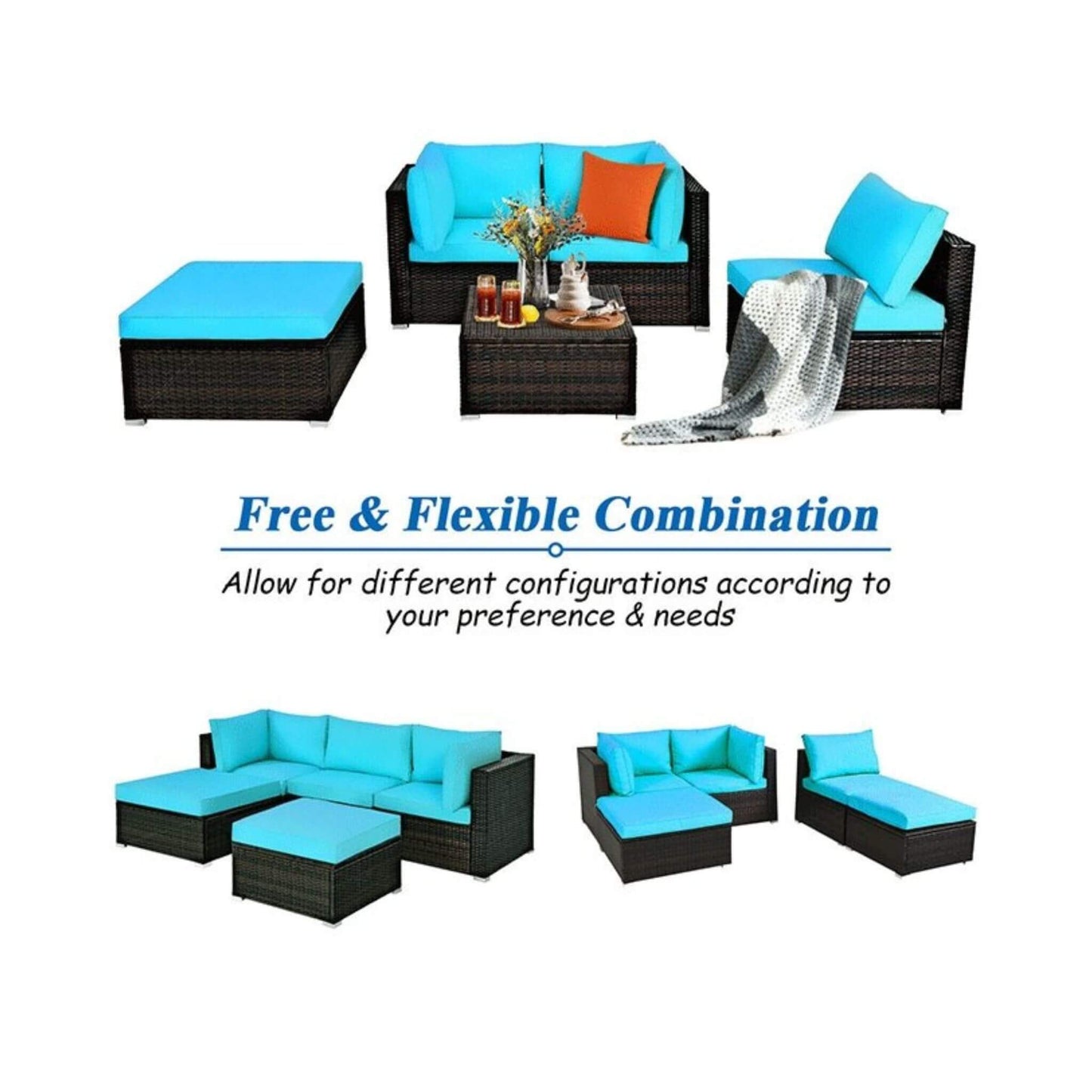 Outdoor Patio Rattan Turquoise Furniture Sectional Conversation Sofa Set, 5PCS (SAK56878)