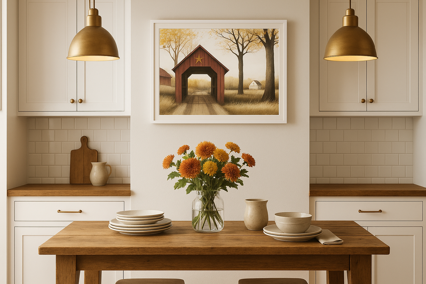 Covered Bridge Autumn Landscape in Kitchen + Metal Dining Room Setting