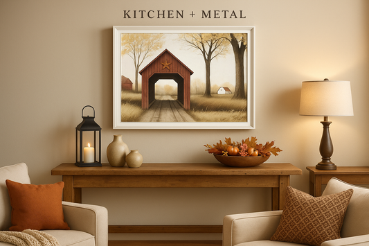 Covered Bridge Autumn Landscape in Kitchen + Metal Living Room Setting