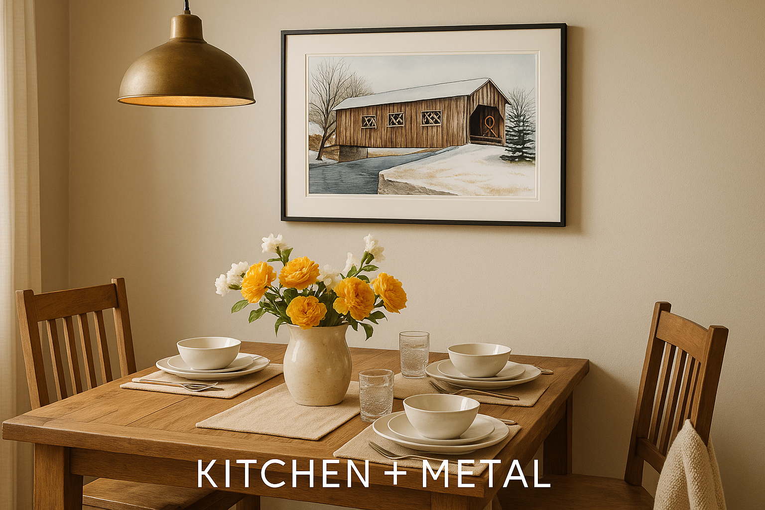 Covered Bridge Winter Scene Art in Kitchen + Metal Dining Room Setting
