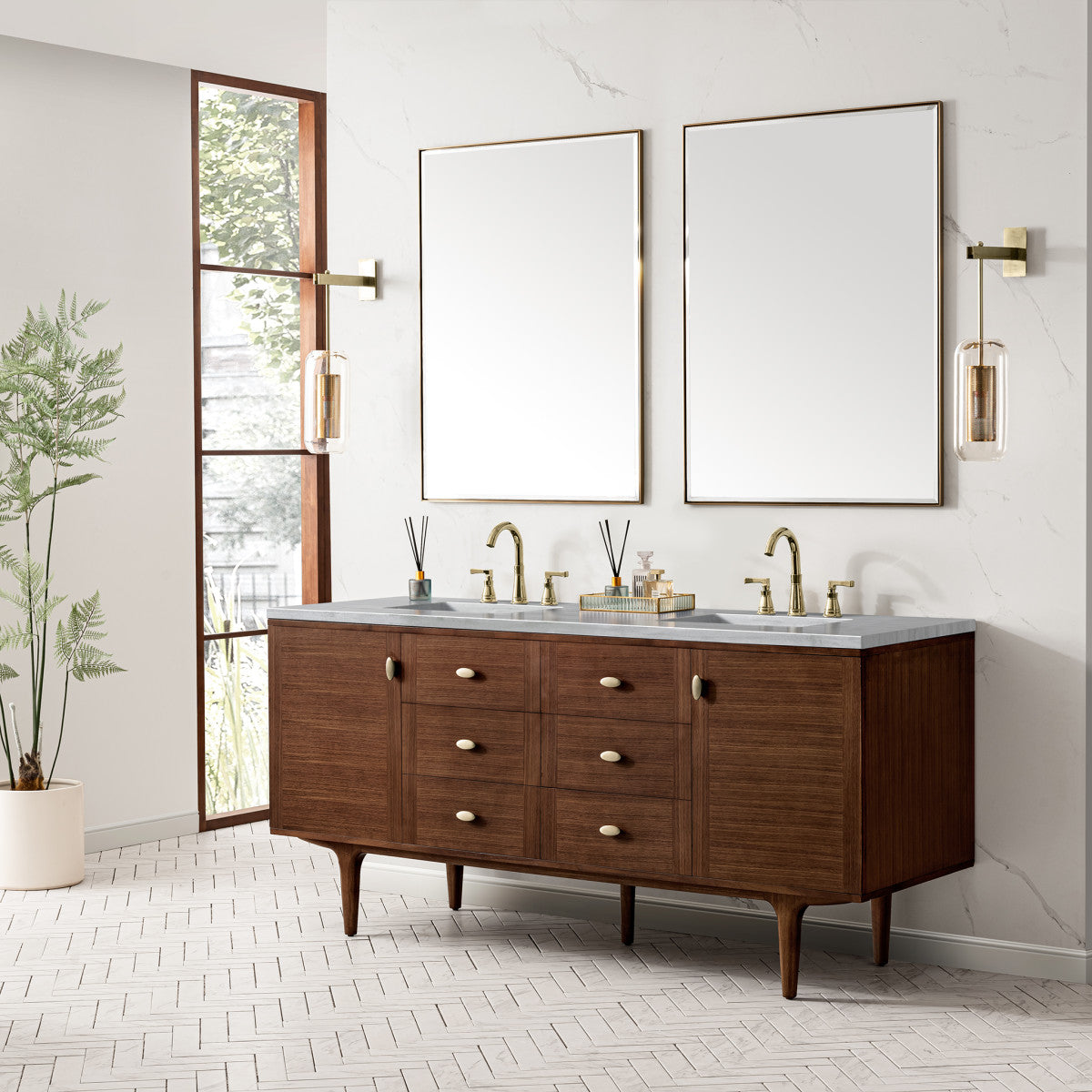 Amberly 72" Double Vanity Cabinet, Mid-Century Walnut