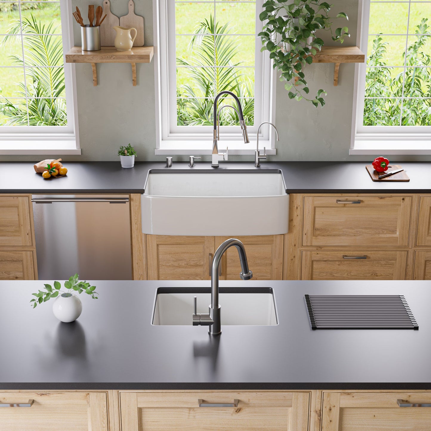ALFI brand ABFC3620S ABFC3620S-W White Smooth Curved Apron 36" x 20" Single Bowl Fireclay Farm Sink with Grid