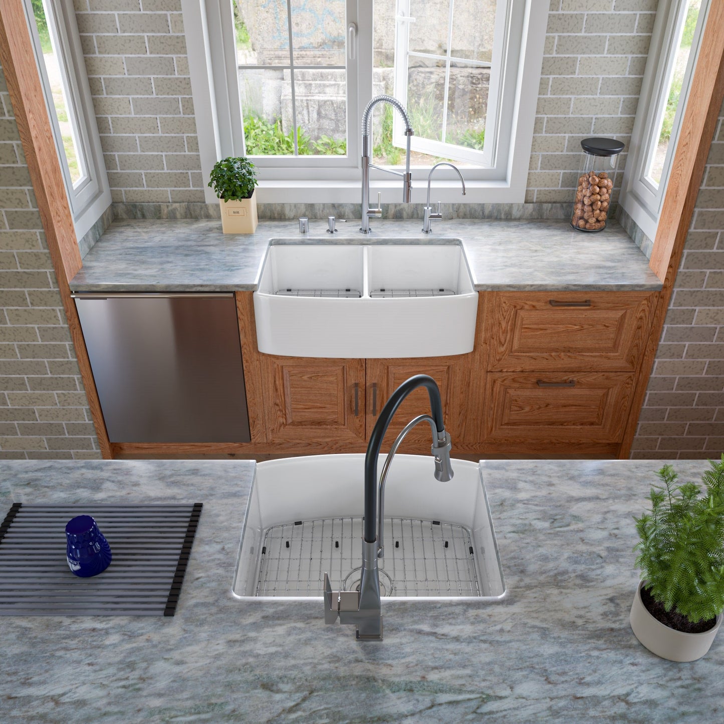 ALFI brand ABFC2420 ABFC2420-W White Smooth Curved Apron 24" x 20" Single Bowl Fireclay Farm Sink with Grid