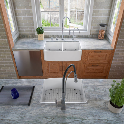 ALFI brand ABFC2420 ABFC2420-W White Smooth Curved Apron 24" x 20" Single Bowl Fireclay Farm Sink with Grid