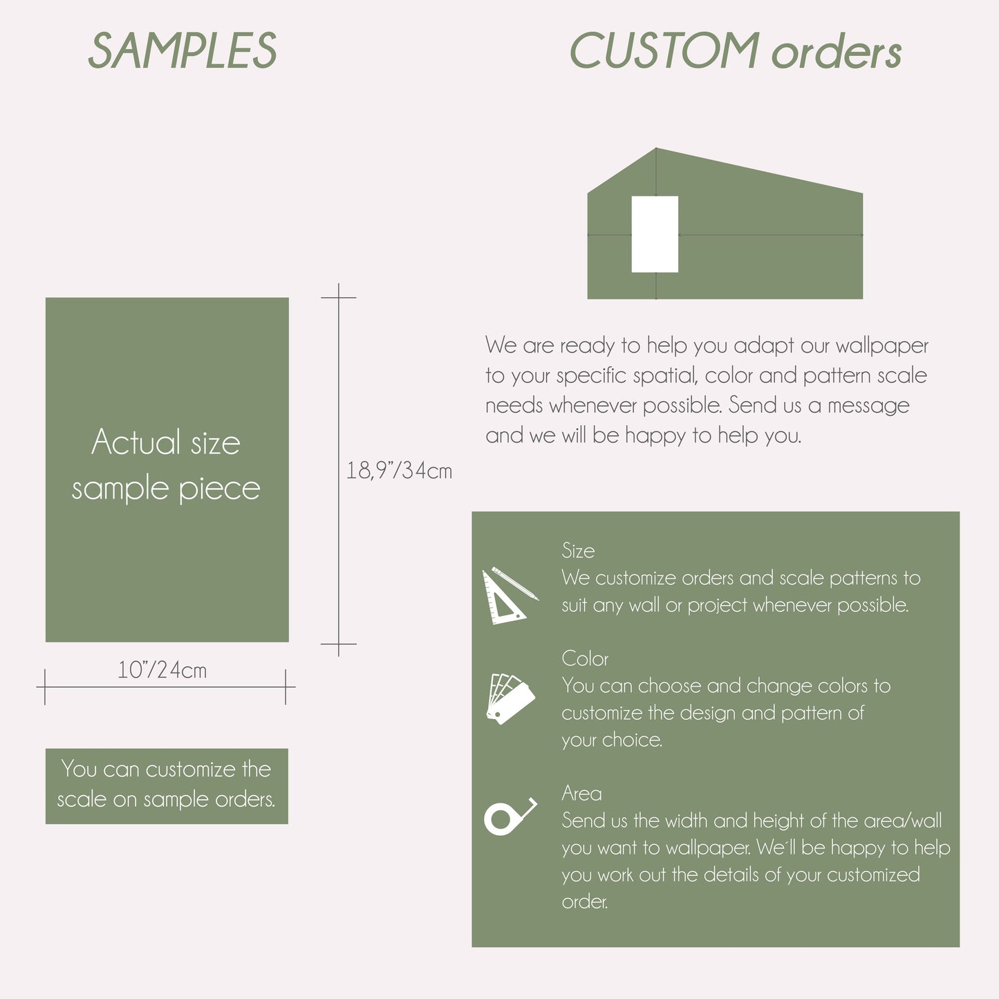 Information about wallpaper samples and custom orders with dimensions and customization options.