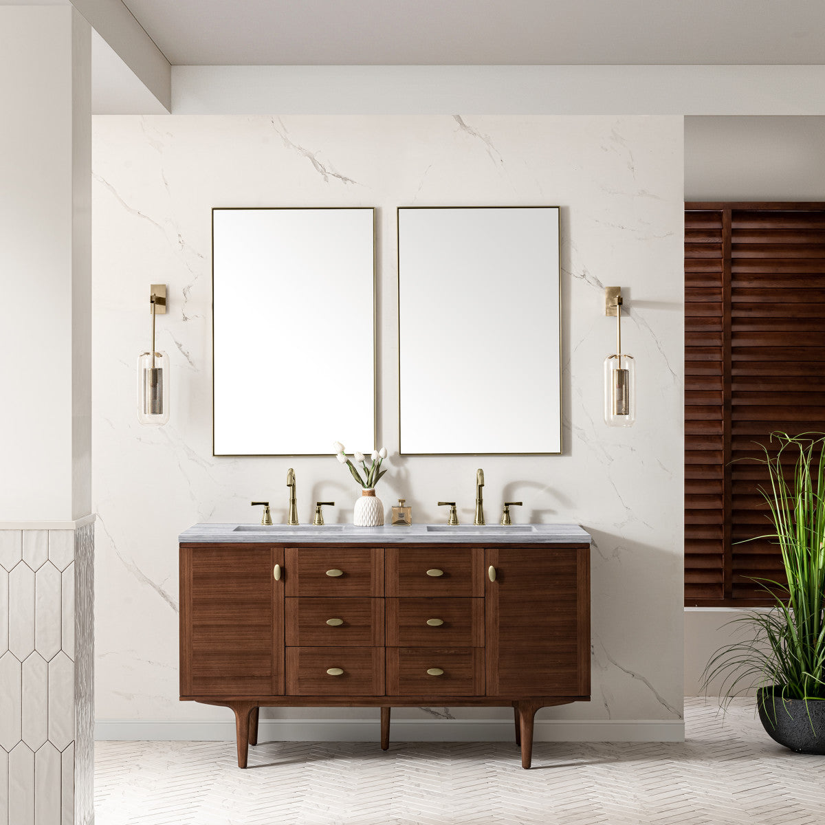 Amberly 60" Double Vanity Cabinet, Mid-Century Walnut