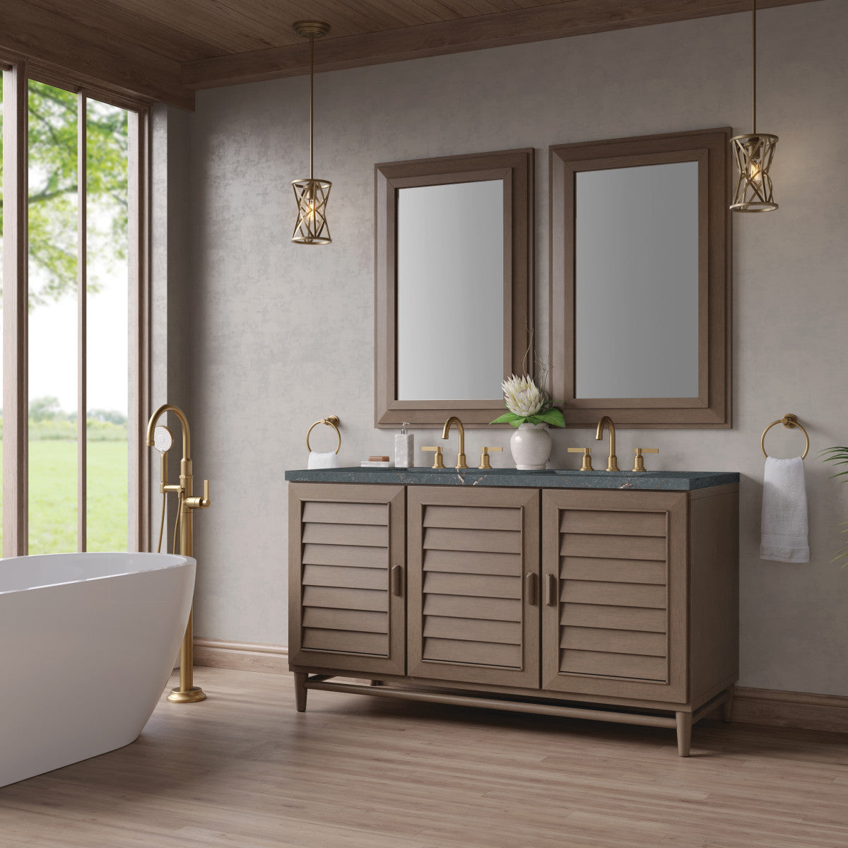Portland 60" Double Vanity Cabinet, Whitewashed Walnut