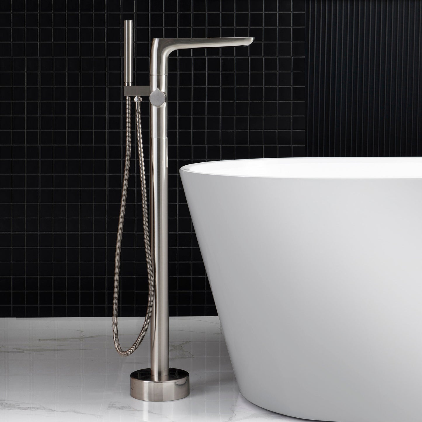 WOODBRIDGE F0014BN Contemporary Single Handle Floor Mount Freestanding Tub Filler Faucet with Hand shower