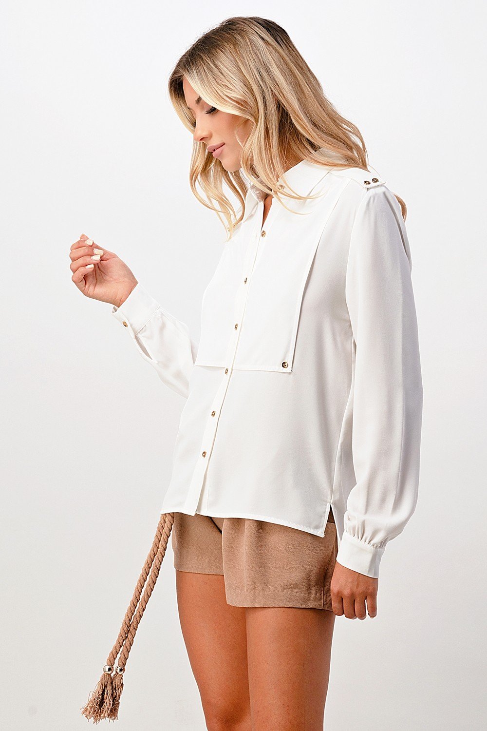 Long Sleeve Button-Down Blouse with Gold Button Accents | Apparel | Kitchen + Metal