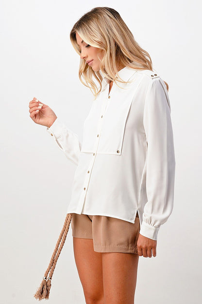 Long Sleeve Button-Down Blouse with Gold Button Accents | Apparel | Kitchen + Metal