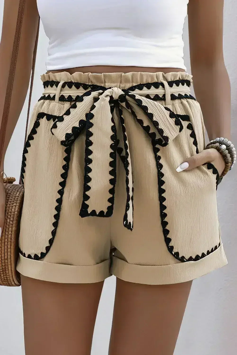 Smoke Gray Ricrac Knot Waist Casual Shorts