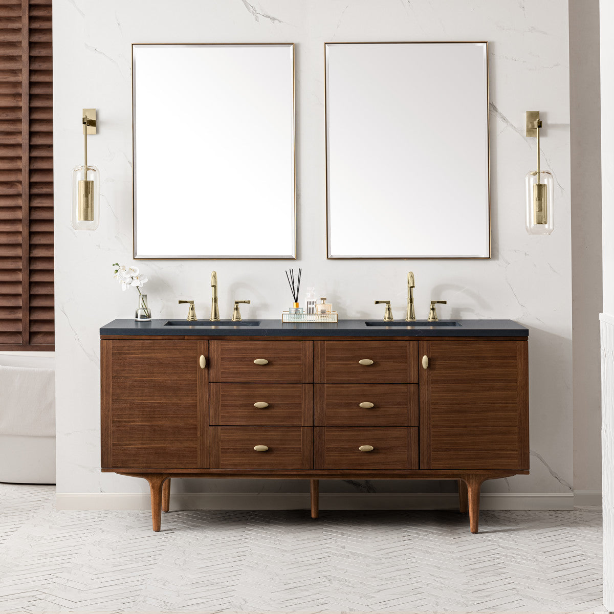 Amberly 72" Double Vanity Cabinet, Mid-Century Walnut
