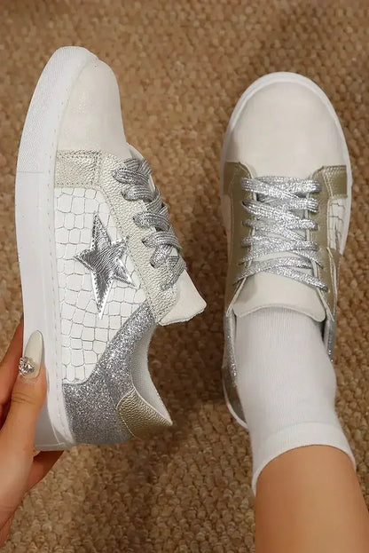 Gold Glitter Star Patchwork PU Leather Lace-up Sneakers