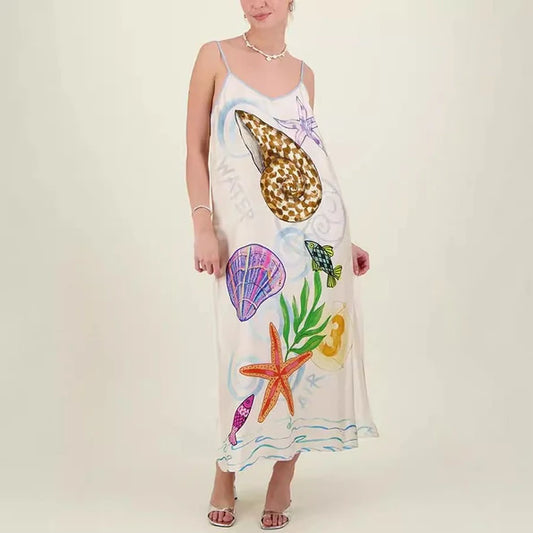Eurochic Satin Beach Dress with Sea Life Print – Coastal Vacation Vibes