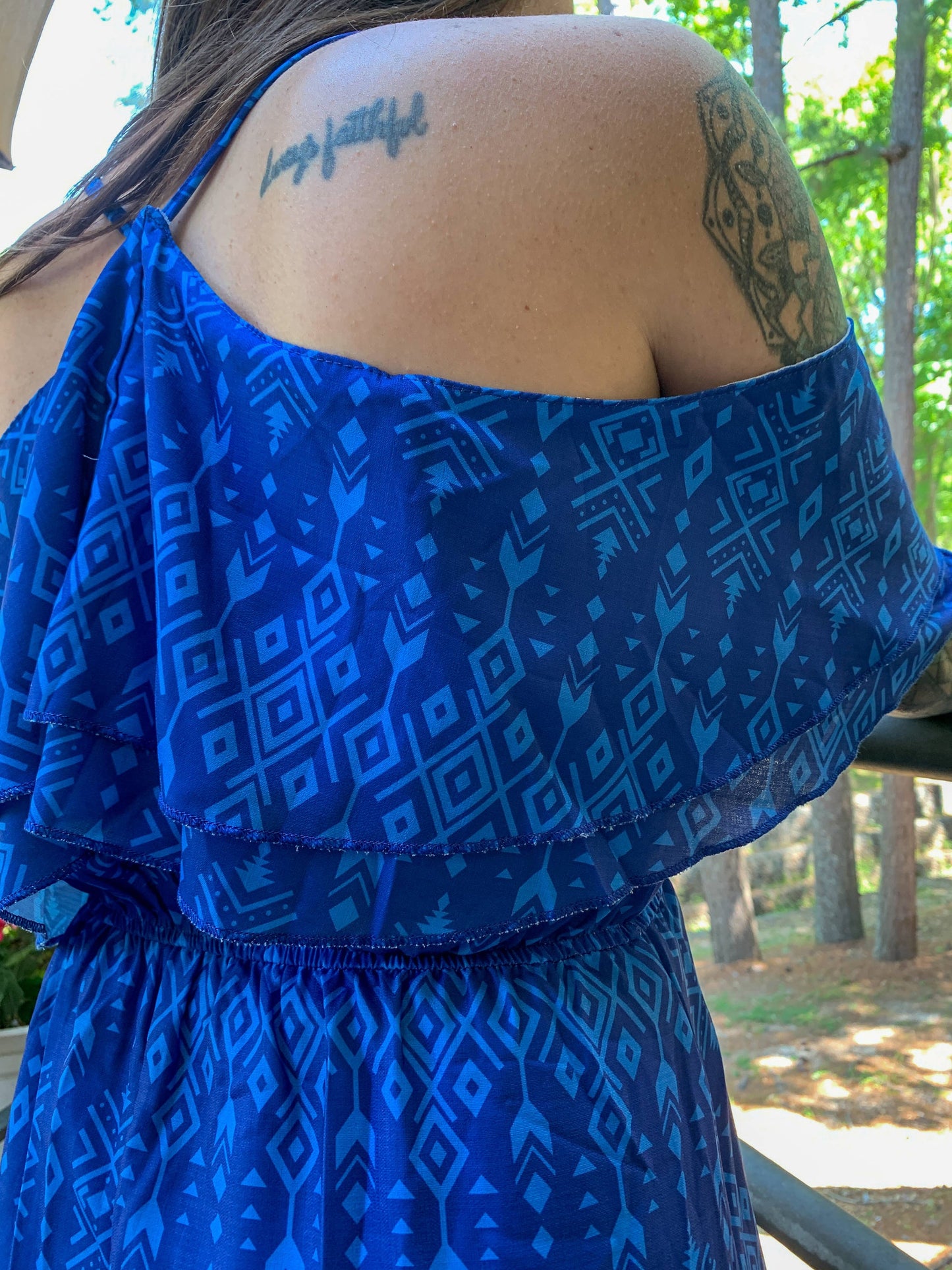 Broken Bow Cold Shoulder Maxi Dress in Blue Aztec
