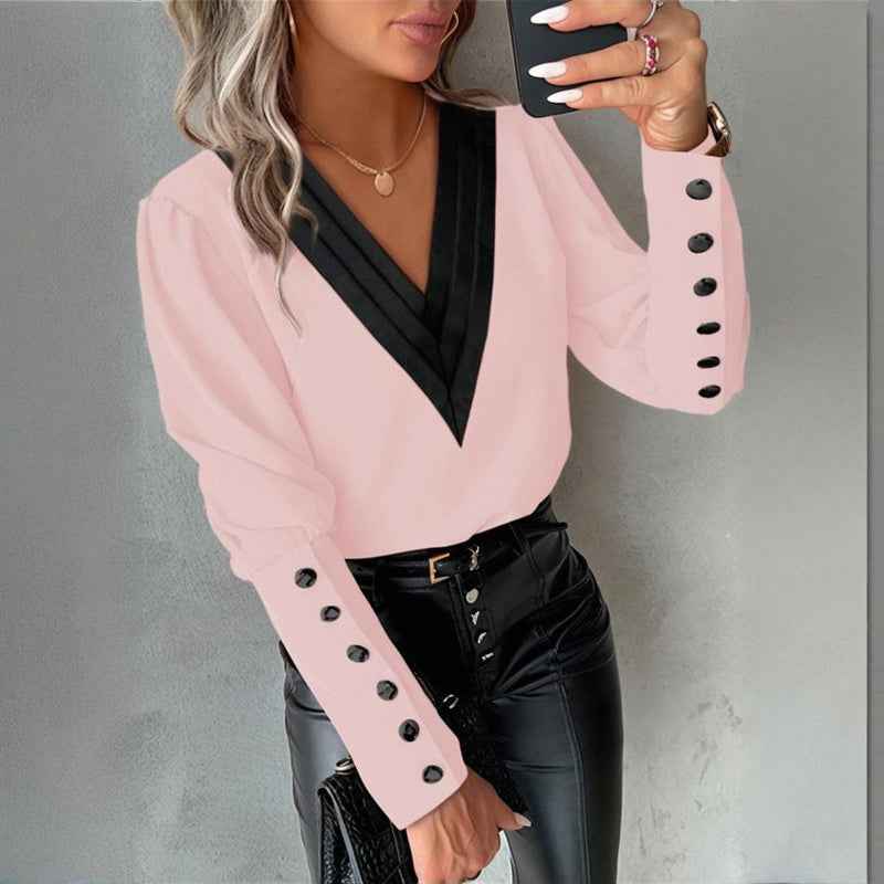 Women's V-Neck Contrast Trim Long Sleeve Blouse With Button Cuff Detail - Casual Comfort Top