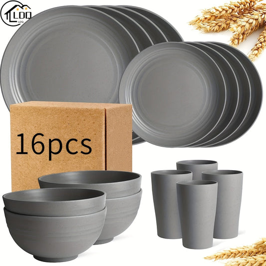 16Piece Wheat Straw Dinnerware Set MicrowaveSafe  Lightweight