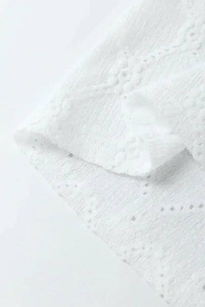 White Embroidered Floral Geometric Button Short Sleeve Top | Femstylo