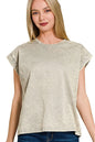 Zenana Crinkle Washed Round Neck Folded Short Sleeve Tee in Sleet