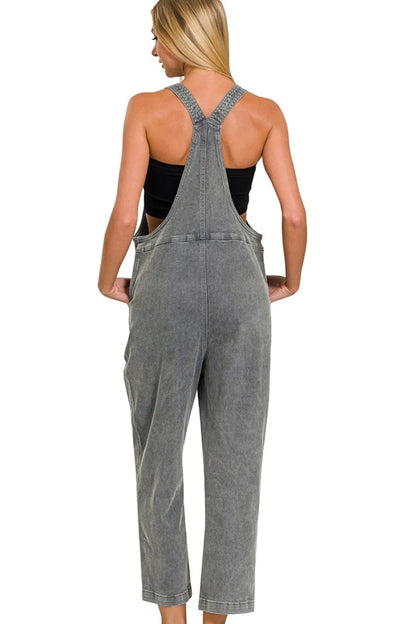 Zenana Washed Knot Strap Relaxed Fit Overalls in Black