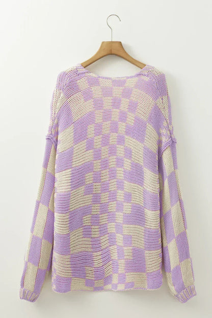 Taupe Colorblock Checked Open Front Knitted Cardigan