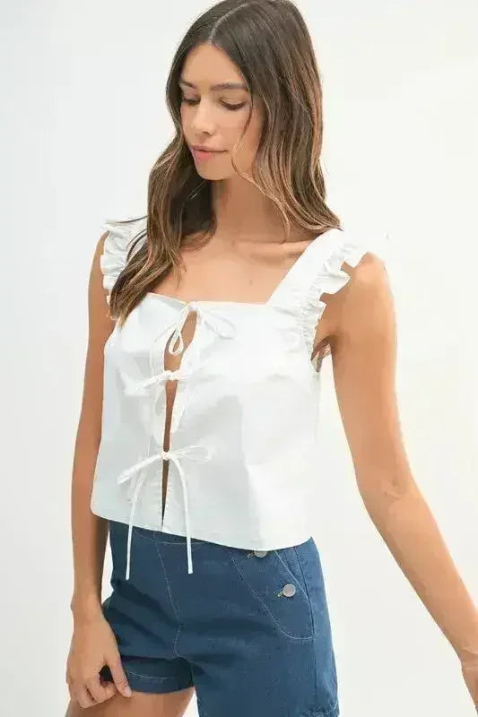 MABLE Poplin Ruffle Strap Front Self Tie Top