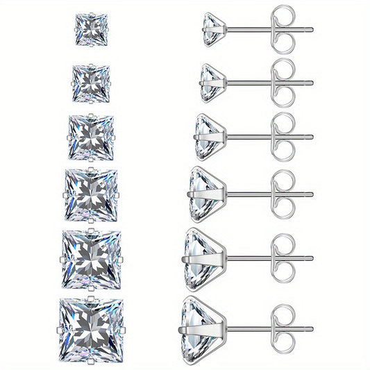 316 Stainless Steel Square Stud Earrings with Cubic Zirconia Accents