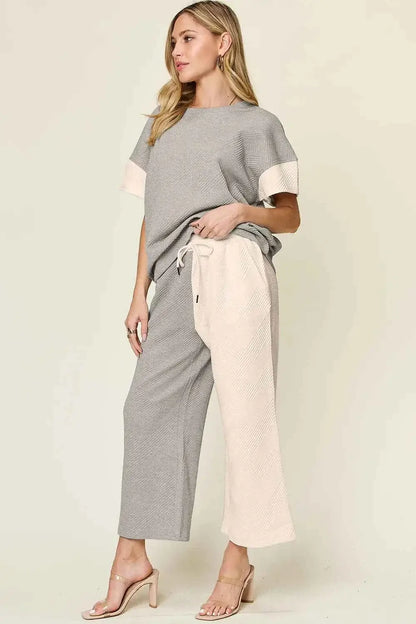 Plus Size Contrast T-Shirt and Wide Leg Pants Set