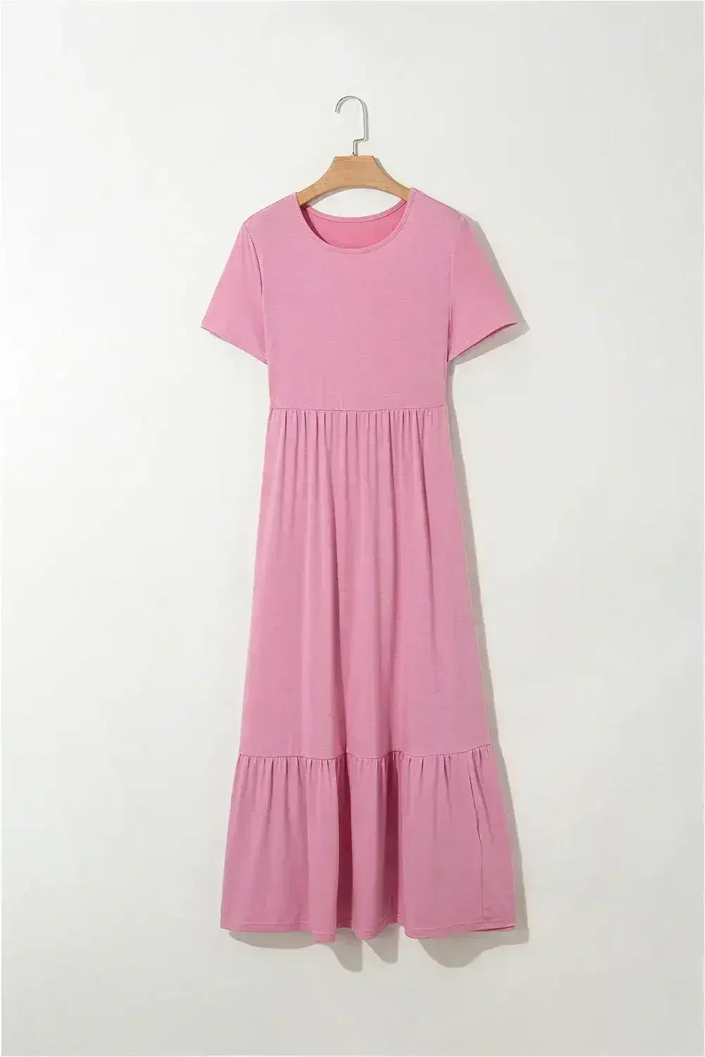 Black Solid Color Short Sleeve High Waist Pocketed Midi Dress