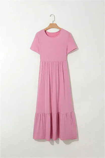 Black Solid Color Short Sleeve High Waist Pocketed Midi Dress