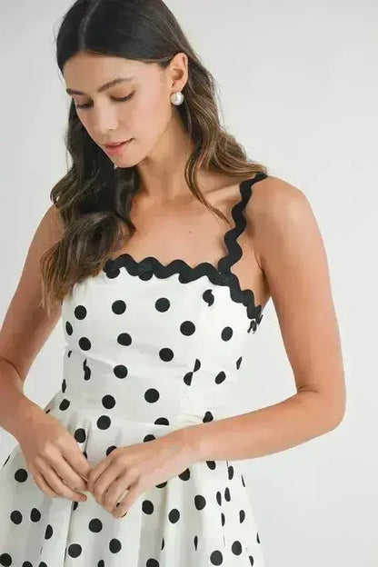 Polka Dot Mini Dress – Ricrac Trim Strap & Smocked Back