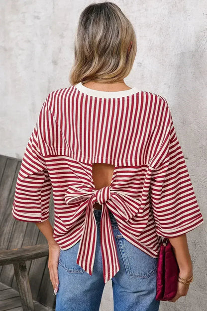 Black Stripe Bowknot Backless T-Shirt