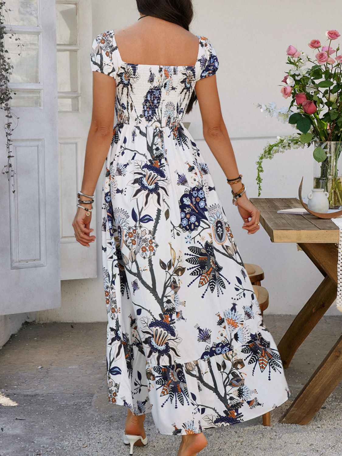 Devine Smocked Maxi Dress - Printed Short Sleeve Women's  Dress