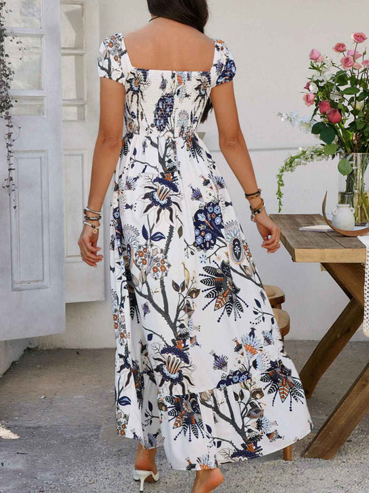Devine Smocked Maxi Dress - Printed Short Sleeve Women's  Dress