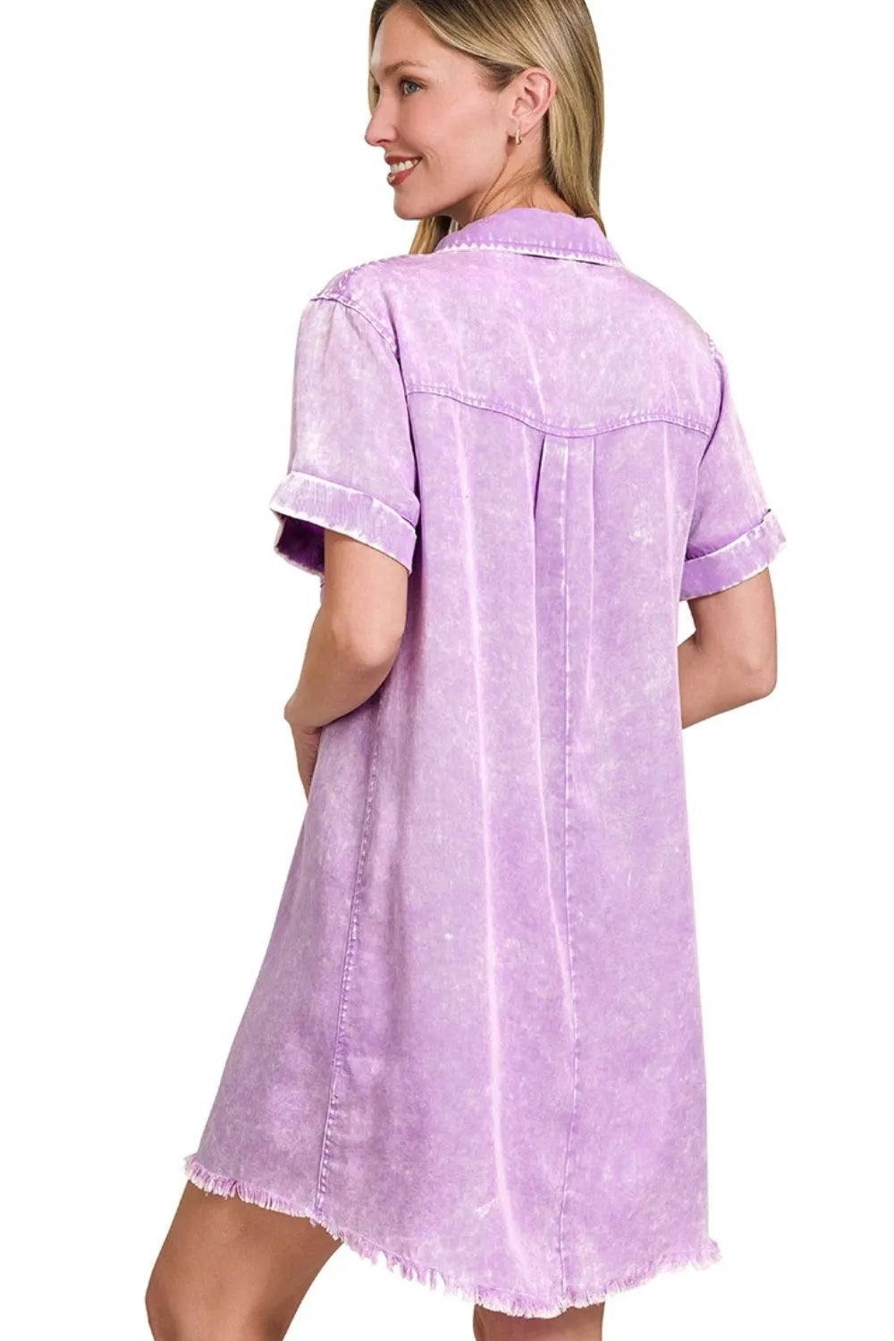 Zenana Tencel Mineral Washed Collared Shirts Dress in Lavender