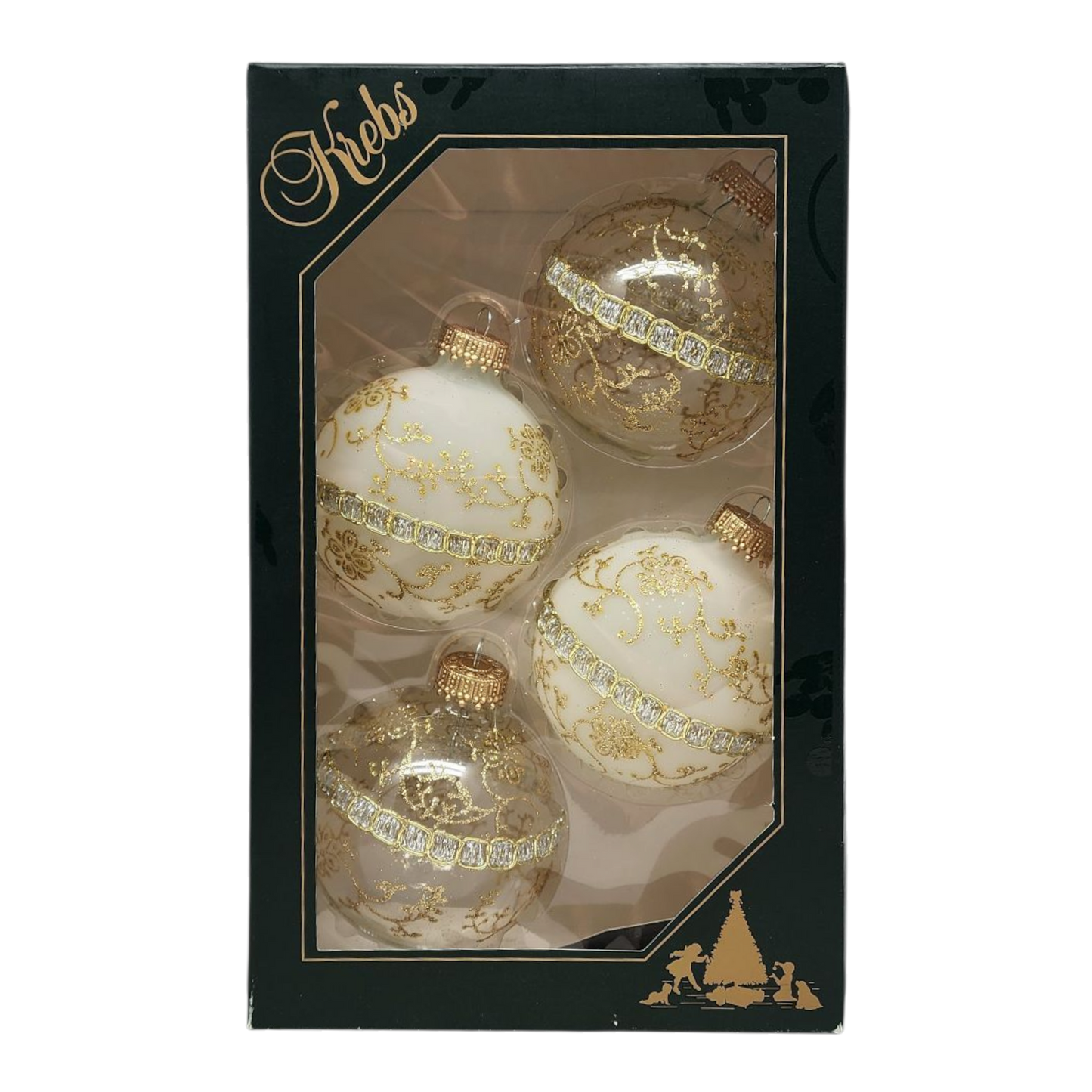 Clear and Frosted Gold Glitterlace and Braid Ball Ornaments - 4 Piece Set