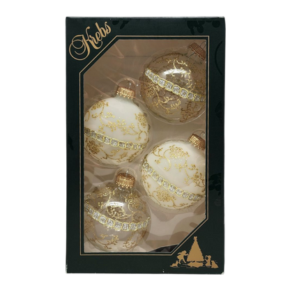 Clear and Frosted Gold Glitterlace and Braid Ball Ornaments - 4 Piece Set