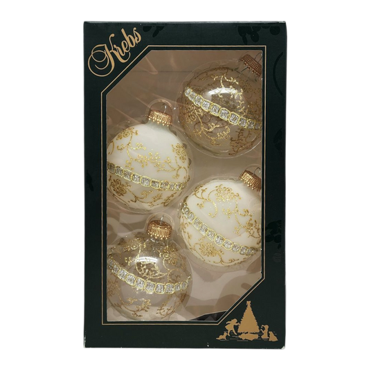 Clear and Frosted Gold Glitterlace and Braid Ball Ornaments - 4 Piece Set