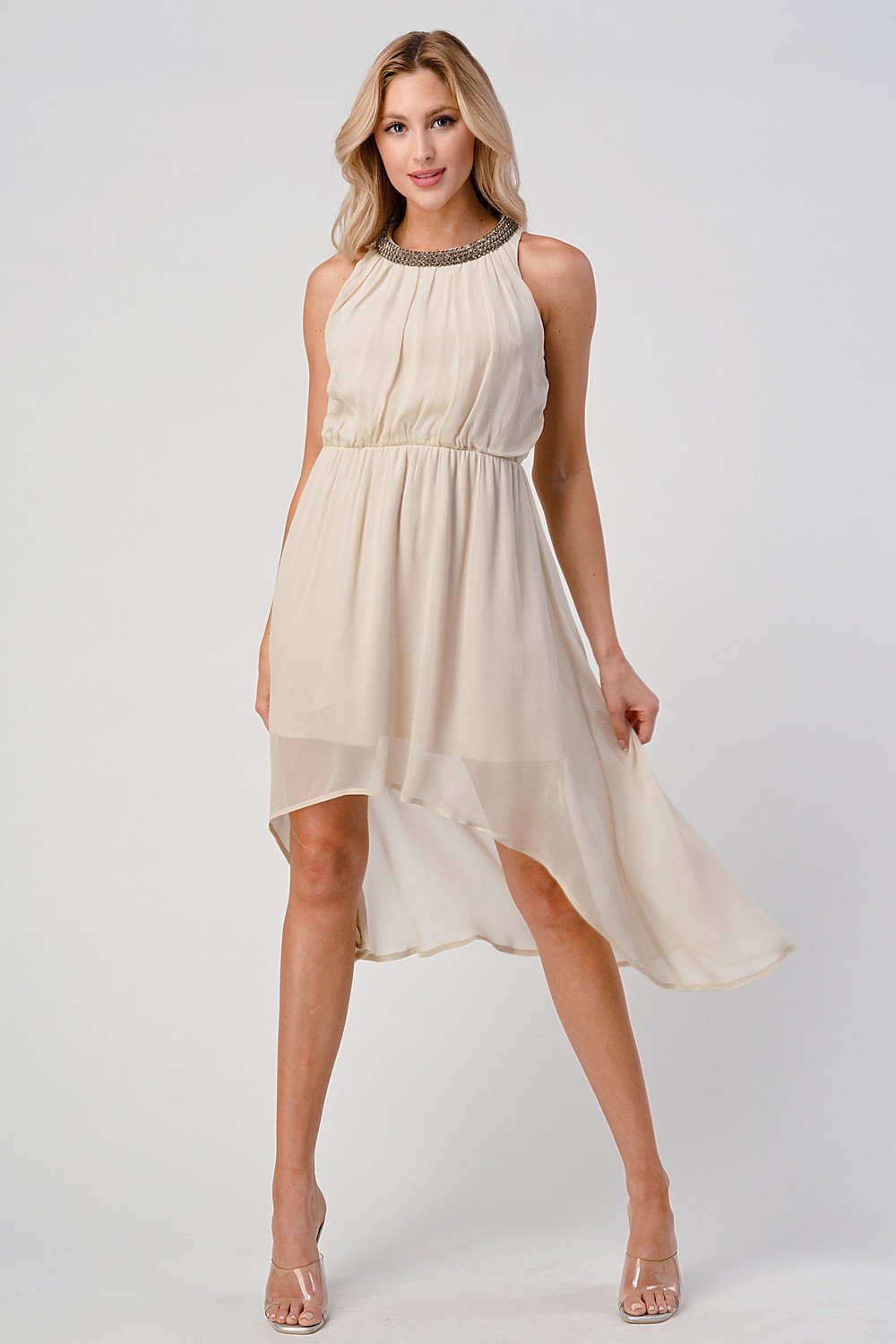 Sleeveless High-Low Beaded Neckline Dress | Apparel | Kitchen + Metal