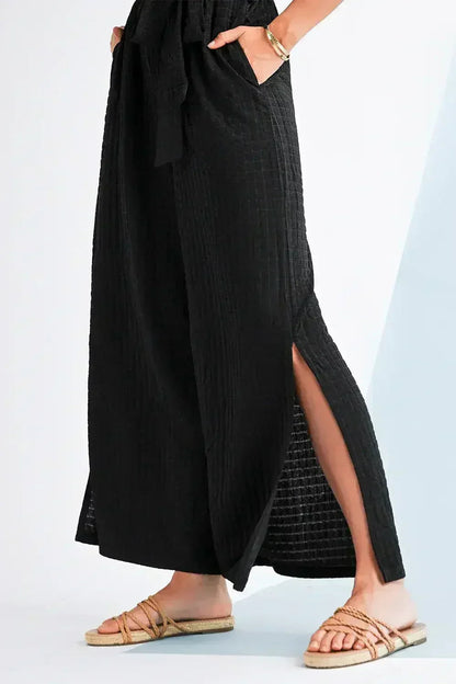 Black Checkered Mesh One Shoulder Short Sleeve Knotted Waist Jumpsuit