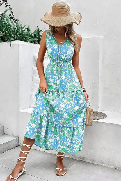 Green Floral Print Trimmed V Neck Sleeveless Vacation Dress