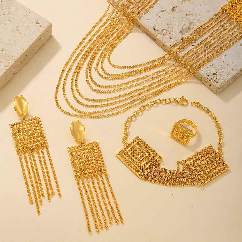 18K Gold-Plated Jewelry Set - 5-Piece Multi-Layer Tassel Set for Weddings