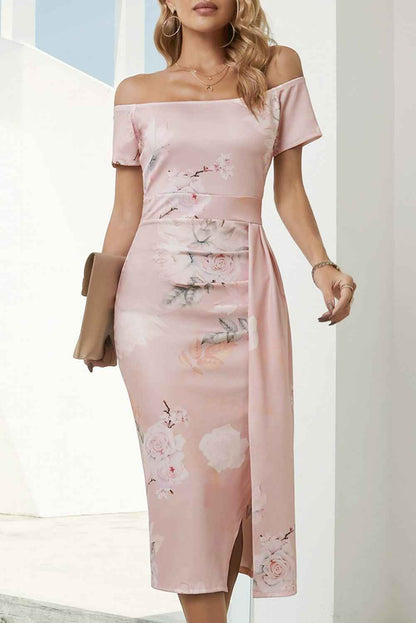 Printed Off-Shoulder Split Dress - Women's Dress